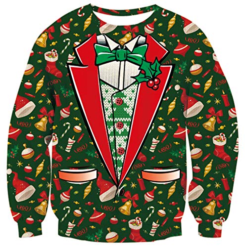 Ugly Christmas Sweater for Men Women Fancy Crazy Suit Cardigan Green Bow Tie Gold Bells Balls Xmas Shirts Coat Stylish Eye Catching Personalized Pullover Sweatshirts for Male Guys Party Clothing XL