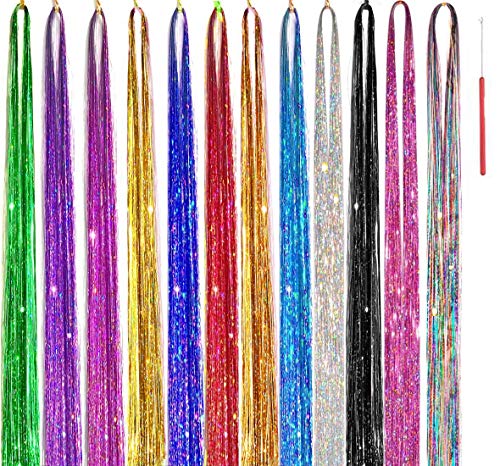 Hair Tinsel Kit 12 Colors 48 Inch 2600 Strands Hair Tinsel Strands Kit With Tools, Fairy Hair Tinsel Heat Resistant Safe Hair Glitter Tinsel Hair Extensions (12Colors, 2600 Strands)
