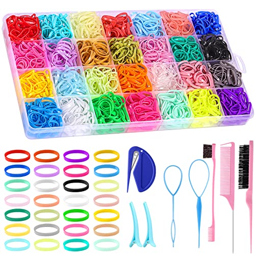 28 Colors Rubber Bands for Hair with 8 Hair Styling Tools, 1500 Pcs Colorful Elastic Hair Ties Small Hair Rubber Bands Baby Toddler Hair Ties for Girls Hair Accessories Christmas Gifts