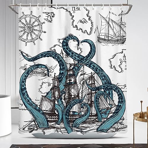 Coxila Nautical Octopus Shower Curtain Funny Fun Kraken Monster Ocean Anime Pirate Sea Life Monster Cool Sailboat Ship 60 x 72 Inch Polyester Fabric Waterproof 12 Pack Hooks