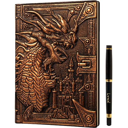 DND Notebook / Journal, Unique 200 Page Book with 3D Bronze Dragon Embossed Faux Leather Cover with Pen- Ideal for Dungeons & Dragons / D&D. Great RPG Accessories Nerdy Fantasy Gift for DM's & Players, Men or Women.