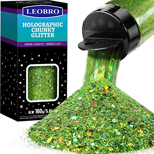 LEOBRO Lime Green Glitter, 160G/5.64OZ Glitter, Holographic Chunky Glitter, Mixed Chunky Fine Glitter, Craft Glitter for Resin Epoxy, Glitter for Nails Body, Glitter Tumbler Making, DIY Art Crafts