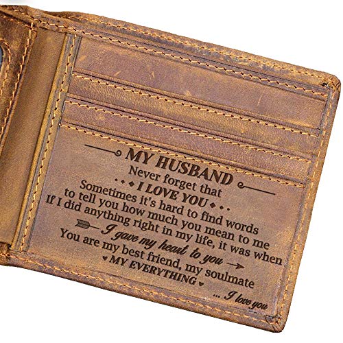 Christmas Gifts for Men, Anniversary, Birthday Gifts for Husband from Wife, Leather Mens Wallet, Husband Birthday Gift, Unique Christmas Gifts for Him, To My Husband Gifts, RFID Bifold Wallet for Men