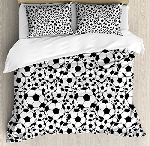Ambesonne Soccer Duvet Cover Set, Monochrome Design Pattern of Classical Football Balls Cartoon Pattern Sports Themed, Decorative 3 Piece Bedding Set with 2 Pillow Shams, Queen Size, White Black