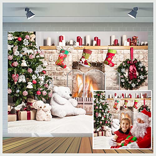 7x5ft Christmas Photography Backdrop Christmas Fireplace Backdrop White Brick Fireplace Bear Christmas Tree Backgrounds Children Photography Studio Prop