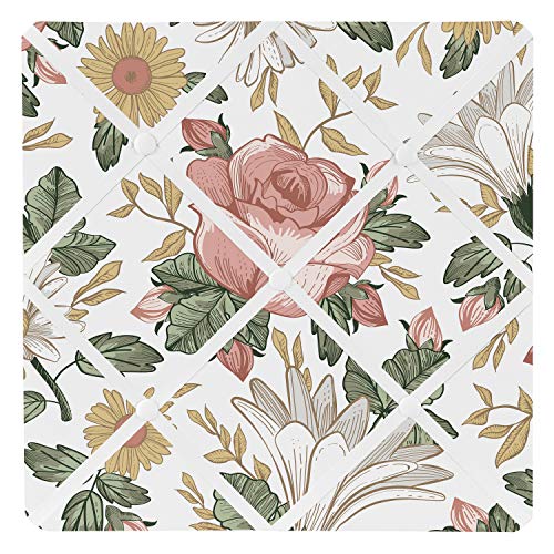 Sweet Jojo Designs Vintage Floral Boho Fabric Memory Memo Photo Bulletin Board - Blush Pink, Yellow, Green and White Shabby Chic Rose Flower Farmhouse