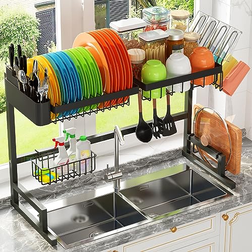 ADBIU Over The Sink Dish Drying Rack (Expandable Height and Length) Snap-On Design 2 Tier Large Dish Rack Stainless Steel (24' - 35.5'(L) x 12'(W) x 19' - 22'(H))