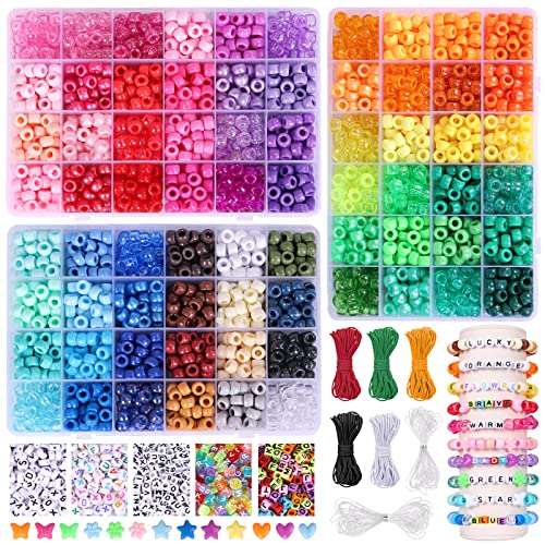 QUEFE 4700pcs, 72 Colors Pony Beads Rainbow Kandi Bead for Bracelets Making Kit, 3600pcs 9mm Plastic Beads and 1000pcs Letter Beads, Alphabet Beads for Bracelets Jewelry Making with Elastic Threads