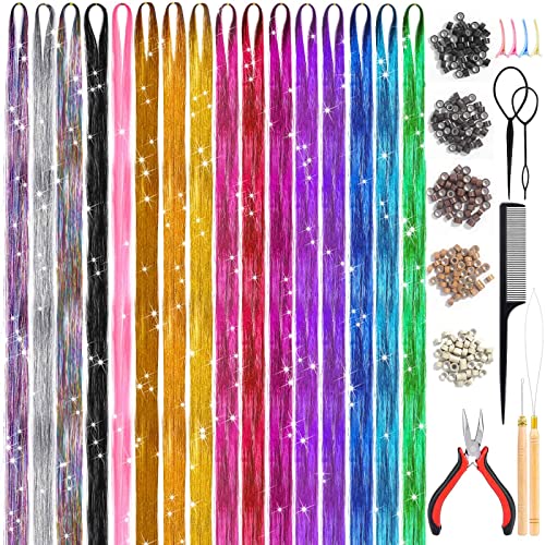 Hair Tinsel Kit (48 Inch, 16 Colors, 3200 Strands), Glitter Sparkling Tinsel Hair Extensions with Tools, Heat Resistant Fairy Hair Tinsel Kit for Women Girls Cosplay Party Festival Hair Accessories
