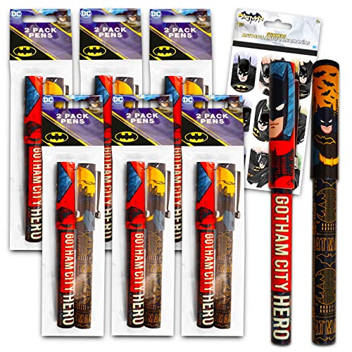 Batman Gel Pens Party Favors Set for Kids, Adults 12 Superhero Birthday Goodie Bag Fillers, Office Supplies, and School Supplies with Stickers