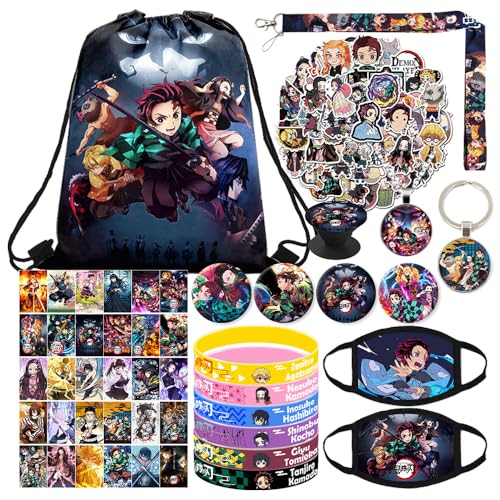 TGECTP Demon Anime Slayer Merch Gift Set, Including Drawstring Backpack, Face-masks, Stickers, Bracelets, Lanyard, Phone Ring Holder, Keychain, Necklace, Button Pins, Lomo Cards