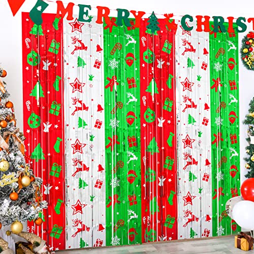 LOLStar Christmas Party Decoration, 2 Pack Christmas Themed Pattern Foil Fringe Curtains 3.3 X 6.6 ft Red Silver Green Tinsel Fringe Photo Backdrop Streamer Backdrop for Christmas, Ugly Sweater Party