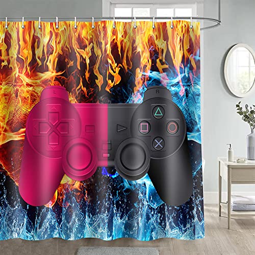 Gdmoon Boys Video Game Shower Curtains Fire and Ice Gamer Gaming Contrast Color Gamepad Modern Cool Fantasy Kids Boys Teens Gift Bedroom Decor Bathroom Curtain with 12 Hooks 72x72in YLRLGD796