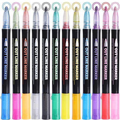 KINGMAS 12 Colors Outline Metallic Markers Pens, Squiggles Double Line Pen, Glitter Drawing Pens for Christmas Greeting Cards, Craft, Painting, DIY Sketching