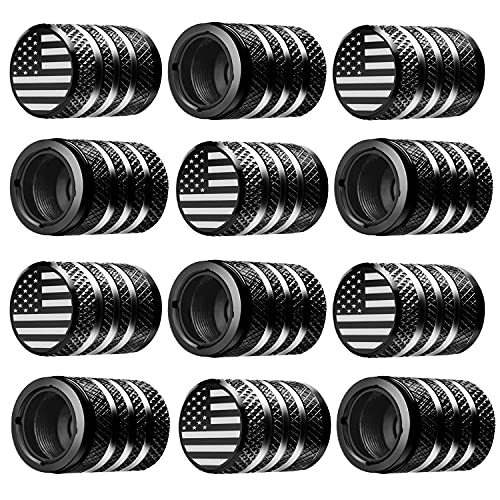 Tire Valve Stem Cap Cover - (12 Pack) Tire Air Cap Metal with Plastic Liner Corrosion Resistant Leak-Proof American Flag for Car Truck Motorcycle Bike Black