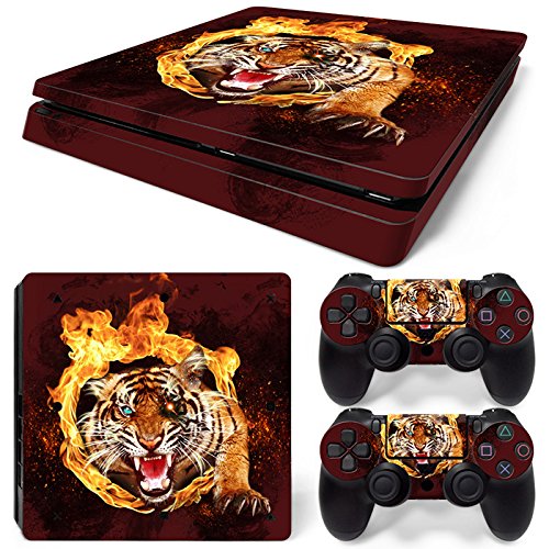 ZOOMHITSKINS PS4 Slim Skins, Safari Zoo Fire Red Flames Tiger King Animal Dangerous Jungle Hot, Durable, Bubble-Free Goo-Free,Cover Set of 2 Controller Skins 1 Console Skin, Made in USA