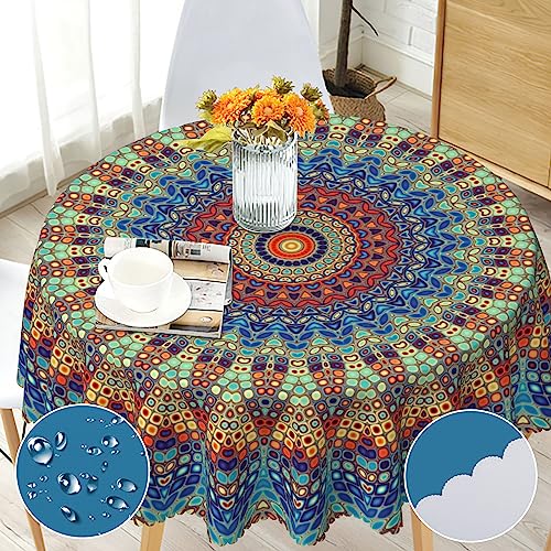 Boho Round Tablecloth 60 inch, Bohemian Circle Table Cloth, Stain Resistance, Water Repellent and Wrinkle-Free, Colorful Tablecloth Decor for Home Kitchen Dining Party Patio Indoor and Outdoor Use