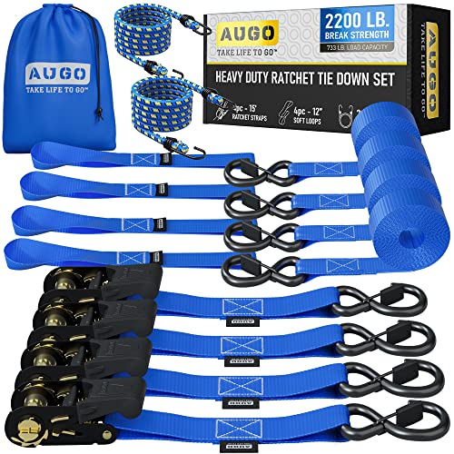 AUGO Ratchet Straps Heavy Duty 4 Pack -15 FT - 2200 LB Break Strength – Ratchet Tie Down Straps with Safety Lock S Hooks - Cargo Straps for Moving, Appliances, Motorcycle – Soft Loop Tie Down Straps