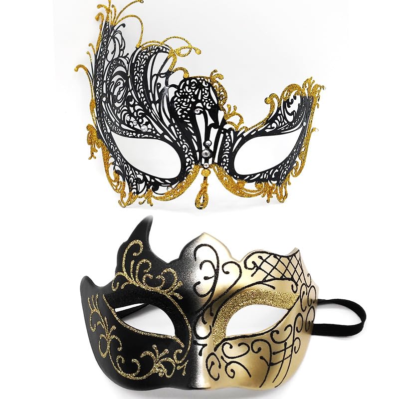 JORCEDI 2 Pcs Couple Masquerade Princess Eye Mask Sexy Metal Mask With Rhinestone Mask For Costume, Fancy, Party, Cosplay (Gold 4)