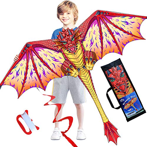 Dragon Kite for Kids and Adults-Easy to Fly, Beginner Kite with Spinning Tail 200ft Kite String, Kite for Children