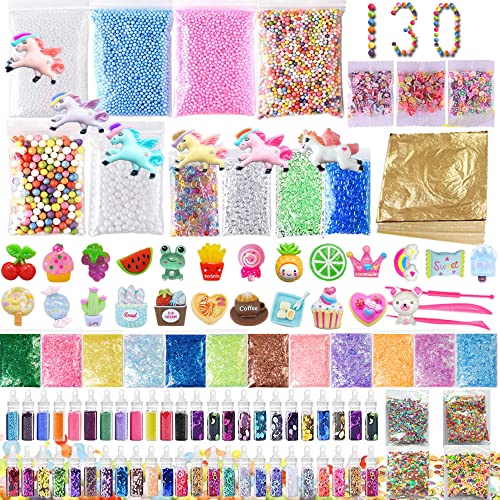 GONGYIHONG 130 Pack Slime Making Kits Supplies,Gold Leaf,Foam Balls,Glitter Shake Jars,Fishbowl Beads,Fruit Slices,Fake Sprinkles,Glitter Sequins Accessories, Sugar Papers (Slime Kits)