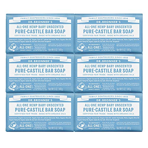 Dr. Bronner's - Pure-Castile Bar Soap (Baby Unscented, 5 oz, 6-Pack) -Made with Organic Oils, For Face, Body & Hair, Gentle for Sensitive Skin & Babies, No Added Fragrance,Biodegradable,Vegan,Non-GMO