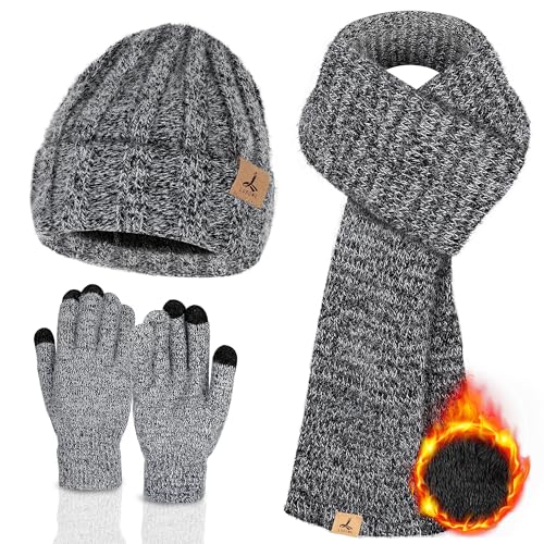 Winter Beanie Hat Scarf Gloves, Warm Fleece Knit Hat Long Scarf Neck Warmer Touch Screen Winter Gloves Set Gifts for Women