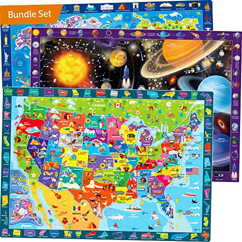 100 Piece Puzzles for Kids Ages 4-6 – 3 Pack Floor Puzzles for Kids 8-10 Year Old by QUOKKA – Learning Games World Map & Space 5-7 – United States Educational Puzzles for Toddlers 3-5
