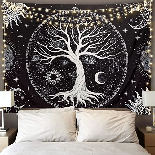 FLY SPRAY Aesthetic Tree of Life Tapestry Black and White Wall Tapestry Hippie Sun Moon Star Galaxy Space Tapestries Forest Wall Hanging Decor Nature Home Decoration for Bedroom,Living Room,Dorm