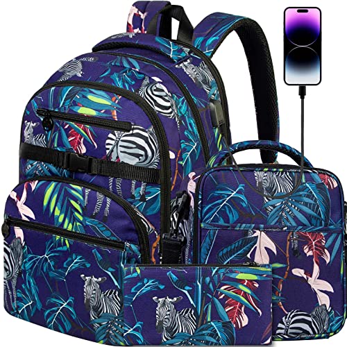 Laptop Backpack, 16 Inch School Bag College Bookbag, Anti Theft Daypack Bags Set, Water Resistant Zebra Tropical flower leaf Backpacks for Teens Girls Boys Students