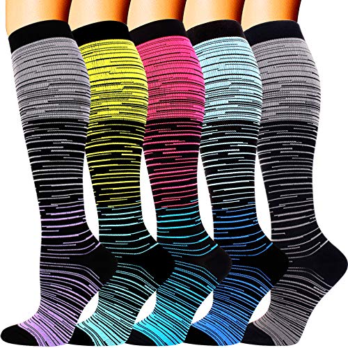 Double Couple 5 Pairs Compression Socks for Men Women 15-20 mmHg Sport Support for Running Nurses Flight Pregnancy Circulation Athletic Socks