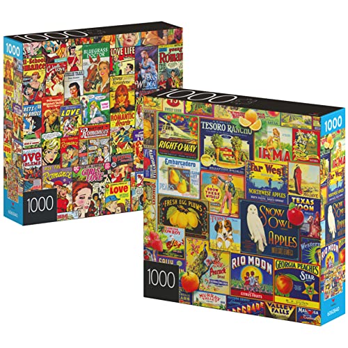 2-Pack of 1000-Piece Jigsaw Puzzles, Retro Comics and Fruit Labels, Puzzles for Adults and Kids Ages 8+, Amazon Exclusive