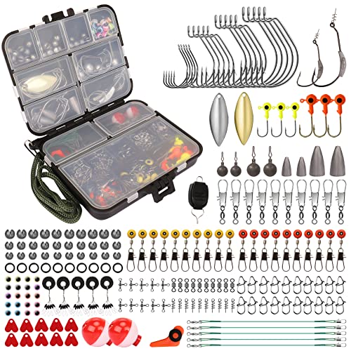 TRUSCEND 203pcs Fishing Accessories Kit, Premium Fishing Tackle Box Including Fishing Hooks/Fishing Leader/Swivels Snaps/Weights Sinkers/Bait-rigs, Freshwater Saltwater Fishing Gear Set for Bass