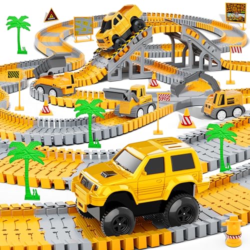 Kids Construction Toys 253 PCS Race Tracks Toy for 3 4 5 6 7 8 Year Old Boys Girls, 5 PCS Truck Car and Flexible Track Play Set Create A Engineering Road Games Toddler Best Gift