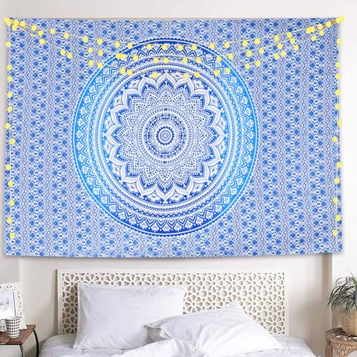 THE ART BOX Hippie Mandala Hangings Ombre Large Tapestry Blue and White - Indian Cotton Beach, Bohemian Decor Tapestrys - Bedroom Aesthetic Tapestries - 104x90 inch