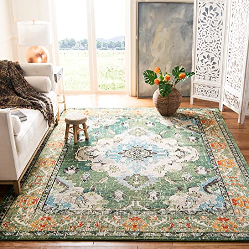 SAFAVIEH Monaco Collection Area Rug - 6'7' x 9'2', Forest Green & Light Blue, Medallion Distressed Design, Non-Shedding & Easy Care, Ideal for High Traffic Areas in Living Room, Bedroom (MNC243F)