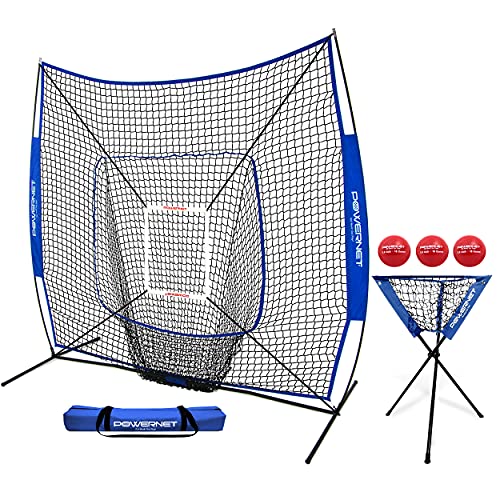 PowerNet DLX Combo 6 Piece Set for Baseball Softball | 7x7 Practice Net Bundle w/Strike Zone, Ball Caddy + 3 Weighted Training Balls | Team or Solo Training | Hitting & Throwing (Royal Blue)