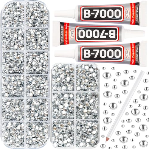 b7000 Glue with 7500Pcs Clear Silver Rhinestones for Crafts Clothes Clothing Fabric, Shiny Flatback Crystals Gems for Crafting Shoes Shirt, Flat Back Diamonds Set Badazzle kit Jewels 2-5mm 4 Sizes Mix