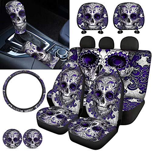XYZCANDO Purple Sugar Skull Car Seat Cover Set with Handbrake Cover&Gear Shift Cover Set+Headrest Cover for Car15 Steering Wheel Cover+Car Cup Pad Full Set 11 PCS Car Interior Decor