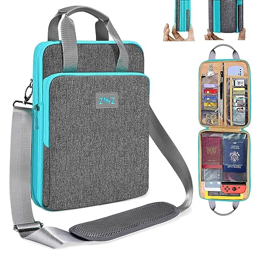 12.9-13 inch Laptop Case Shoulder Bag with Variable Capacity and Strap, Carry Case for Travel with Valuables & Notebook Compartments, Eco-friendly and Water-Resistant Sleeve, Gray&Blue