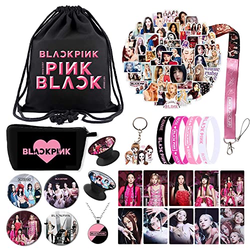 Blackpink Merch Gift Set, Including Drawstring Bag, Stickers, Makeup Bag, Keychain, Phone Ring Holder, Button Pins, Lanyard, Bracelet, Lomo Cards, Necklace