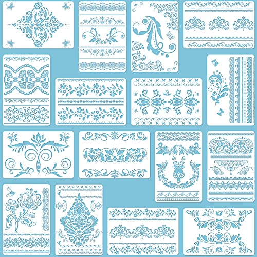 16 Pieces Flower Border Stencils Mandala Stencils Reusable Floral Mandala Laser Cut Painting Templates for DIY Wall Tile Furniture Canvas Craft Stencils Outdoor Indoor Decoration, 11.4 x 8.3 Inch