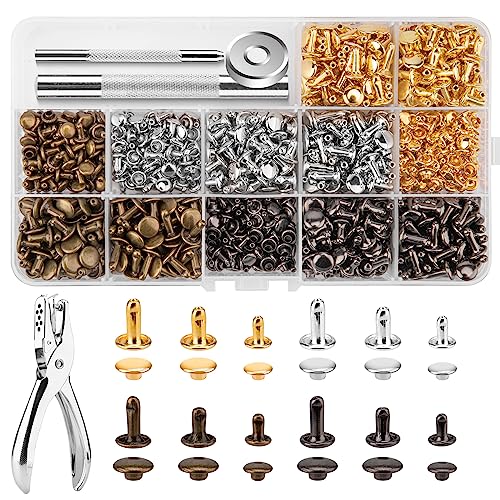 480 Sets Rivets for Leather, Leather Rivet Kit, 4 Colors 3 Sizes Leather Rivets and Snaps for Leather Crafts, Clothes, Shoes, Leather Boots, Bags, Decoration (Gold, Silver, Bronze and Gunmetal)