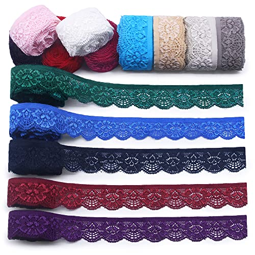 SEMINI 28 Yards 1' Wide Lace Elastic Trim 14 Colors Lace Ribbon Flower Edge Trimming for Sewing Craft Wedding Party Decor Clothes(NO064 Mixed Color)