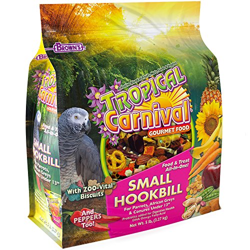 F.M. Brown's Tropical Carnival Gourmet Bird Food for Parrots, African Greys, and Conures Under 13', Probiotics for Digestive Health, Vitamin-Nutrient Fortified Daily Diet - 5 lb.