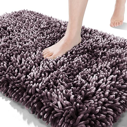 Yimobra Bathroom Rugs Non Slip, Bath Mats Super Absorbent Chenille Bath Shaggy Mats, Plush Carpets Mat for Kids Tub, Shower, Bathtub and Bath Room, Machine Wash Dry Rugs, 24 x 17 Inches, Purple Gray