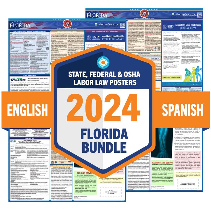 2024 Latest Florida Labor Law Poster - State, Federal, OSHA Compliant - Workplace Required Posting for Employees - English and Spanish Combo - UV Laminated Waterproof - 25.5' x 40”- Bundle