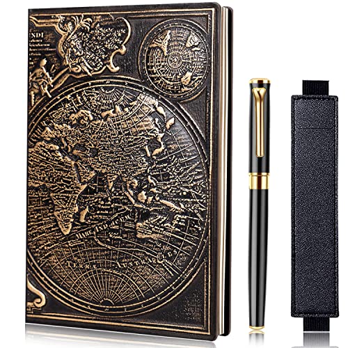 Vintage Map Embossed Leather Notebook Travel Journal-Daily Notepad-Business Notebook-Drawing Notebook, Antique Handmade, Lined Hardcover.with a Comfortable-Holding Black Signing Pen, a Fun Gift(A5)