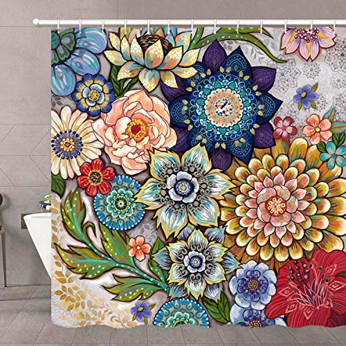 Neasow Boho Floral Shower Curtains for Bathroom, Bright Fabric Blossom Shower Curtain with 12 Hooks, Multi Color 72'×72'