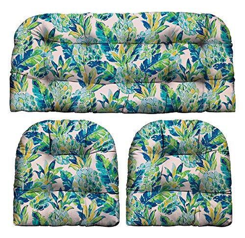 RSH Décor Indoor Outdoor 3 Piece Tufted Wicker Cushion Set 1 Loveseat & 2 U-Shape-Choose Color & Size (Vida Opal Yellow Green Blue Lily Pineapple, LS 41'x19' US 19'x19')